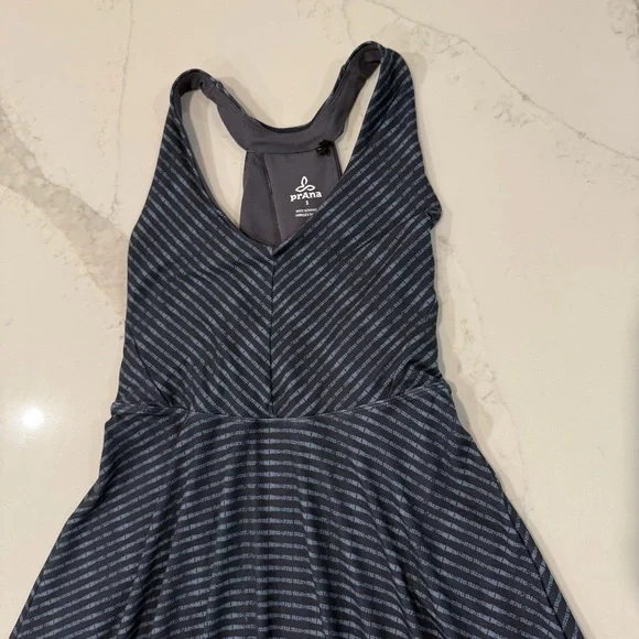prAna Saxon Racerback Halter Asymmetrical Dress Womens Small Navy Blue Striped - Picture 3 of 10